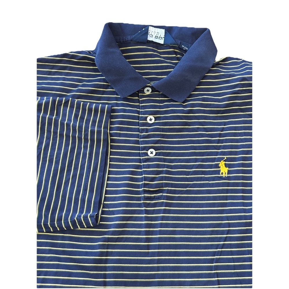 Polo Golf Mens M Fit Blue & Yellow Striped Golf Polo Yellow Pony Ralph Lauren